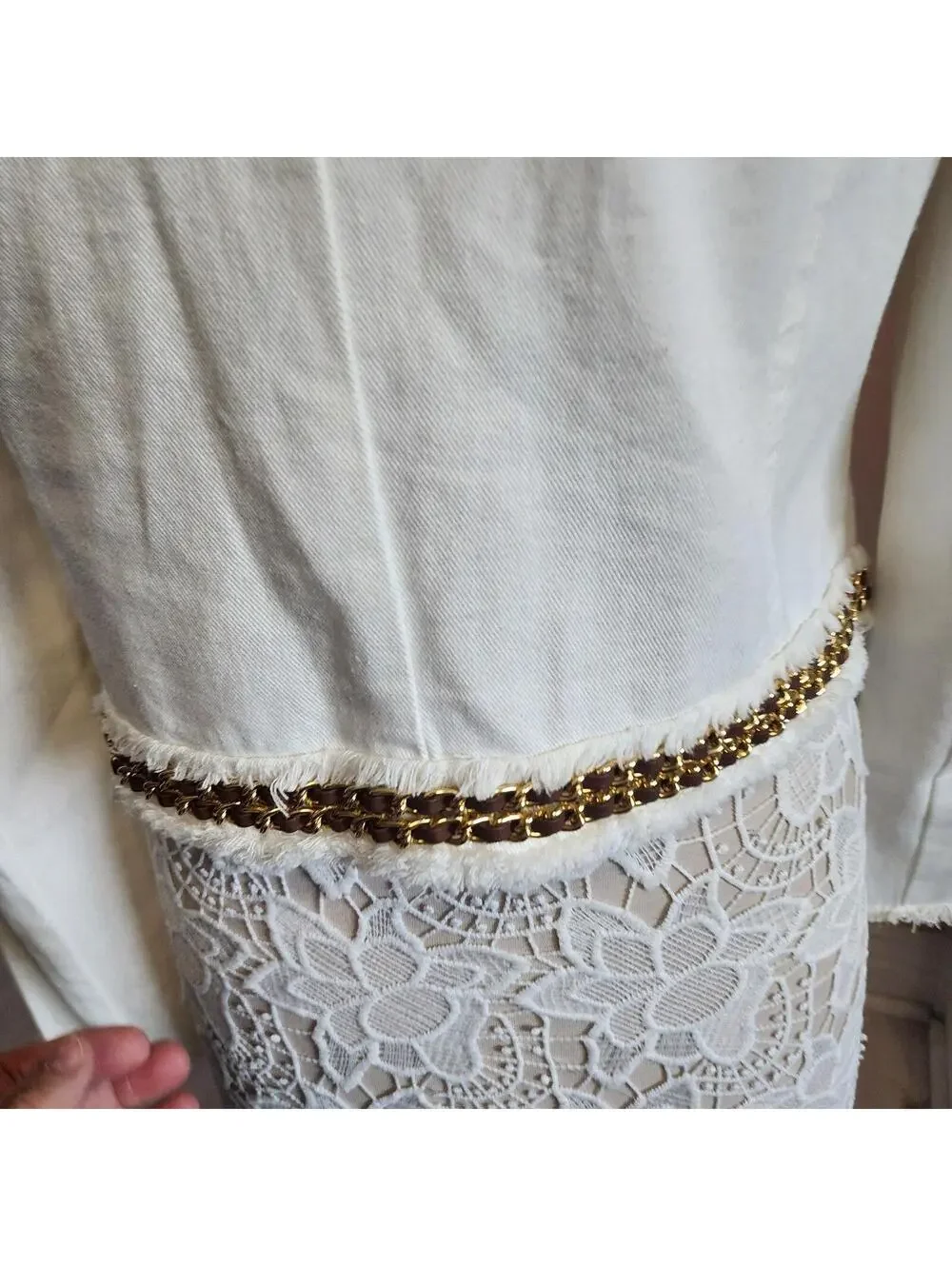 Michael Kors White Denim Jacket Gold Chain Trim Fringe Blazer 12